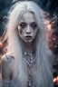 Placeholder: gorgeous ethereal goddess extraterrestrial female humanoid being, moonstone body piercings and jewelry, beautiful face, mesmerizing crying eyes, eyeliner dripping, smooth translucent pale skin, soft pink lips, transcendental, wet tattered torn white silk, blood spattered wind blowing long white hair, crazy, wild, exotic, fire light, sparks, embers, broken forgotten moonscape, sweaty, sweat droplets.