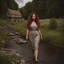 Placeholder: full body shot of a very beautiful lady curvy hair, walks in the country side with a narrow river with clean water and nice rocks on floor. The trees and wild flowers pretty country houses ,nice cloudy sky.