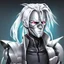 Placeholder: silver skinned anime Dragman cyberpunk with dragon mask in his eyes