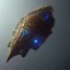 Placeholder: huge ornate spaceship made of brass and black stone flying through space