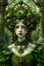 Placeholder: Beautiful young faced baroque lady, adorned with moss covered baroque floral headdress ribbed with miniature green gems and baroque buildings, wearing baroque style costume floral. Ornate and beautiful baroque jewellry organic bio spinal ribbed detail of baroque abandoned moss covered garden background art nouveau floral extremely detailed hyperrealistic maximálist concept art