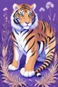 Placeholder: A tiger from ancient times. Decorated with solid bones resembling a blue tattoo. It is located on a field of purple patterned grass. Space white. Minute detail, high quality