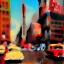 Placeholder: Picture 1950's street life, people, New York, very blurry, abstractism, colours, strong texture, 3d, chaotic