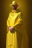 Placeholder: beautiful painting of a extremely handsome man in a golden cape and yellow hat, with multiple eyes on his body in the style of Gustav Klimt. full body portrait features geometric shapes, beautiful colors, golden light, and a dark background. the composition is beautiful, with sharp focus and high resolution.