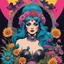 Placeholder: false east, nightmare embrace, pulp sci-fi, retro, dark sci-fi, hippie aesthetic, flower power, trippy colors, tarot, macabre, pin-up girls