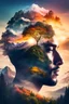 Placeholder: double exposure human-nature, trees, flowers, mountain, sunset, nature mind, expressive creative art, surrealistic concept art, ethereal landscape in a cloud of magic coming out the top of a human head, incredible details, high-quality, flawless composition, masterpiece, highly detailed, photorealistic, 8k sharp focus quality surroundings