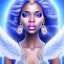 Placeholder: portrait of a beautiful somalian woman with an angel face smiling,long blond hair, blue eyes, pink and blue dress, jewels, soft light aura