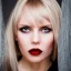 Placeholder: portrait of a cute Russian blonde woman with a long fringe, square face, black eyes and full lips