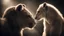 Placeholder: romantic photograph of two animals in a loving relationship, halo lighting, chiaroscuro, beautiful photo