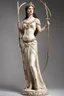 Placeholder: [true model woman model in flesh] Diana of Gabii stands upright, her weight evenly distributed. Her left arm is extended, holding a bow, symbolizing her role as the goddess of the hunt. The bow is delicately carved, adorned with intricate details that demonstrate the artist's meticulous attention to craftsmanship. Her right arm is slightly bent at the elbow, forming a graceful curve as her hand rests near her hip. The flowing drapery that adorns Diana's body further enhances the sense of movemen