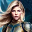 Placeholder: Katheryn Winnick, Cyborg warrior, light blonde short hair, pixie hairstyle, cobalt eyes, waist up portrait, 8k resolution, intricate details, ornate details, soft lighting, vibrant colors, masterpiece, intricate eyeliner, dark eyeshadow, eyes, intricate tattoos, gradient background