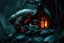 Placeholder: little dark witch fairy sleeps in her stunning lacy-onix gothic snail house, storm, rain, volumetric light, dark colors, rain drops, dark tendrils in background, fantasy, scifi, dark fantasy , dark stunning mood intricate details, beautifully shot, hyperrealistic, sharp focus, 64 megapixels, perfect composition