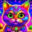 Placeholder: Lisa frank inspired cute kitten with planet-like big eyeballs that are taking up more than half its face and lots of glitter and sparkles and super happy with a big smile with sparkles fat and fluffy body small body big head less neon more sparkles