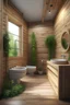 Placeholder: Generate a bathroom with a toilet , made out of wood,, with windows, a mirror, vegetation. With interior design and attention to details.