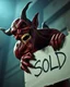 Placeholder: A realistic ghoulish laughing devil leaning forward at an angle as if over someone's shoulder, facing right, holding a large sign that says "SOLD" in clear letters. No humans, no extra subjects, cinematic horror lighting.