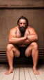 Placeholder: full figure shot photography, drunk beefy burly sweaty gipsy man , masculine hairy 55 year old man, dreadlocks, several tattoo, long beard, , hands behind the head, big shoulders, big arms, closed eyes, ambient occlusion ,sitting in a Sauna, super high resolution, 8k, cinematic light, ultra hyper realistic, frontal view from the bottom, view angle from the ground