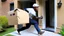 Placeholder: suspiciously looking Tyrone sneaking away with small delivered package from apartment mailroom