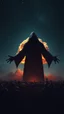 Placeholder: A field of random people with bright lighting , at the end of the picture is a deep night dark with stars sky background the universe with a huge nuke explosion behind the explosion a very large open arms dark scary shadow of a black hooded creature