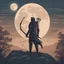 Placeholder: silhouette of the archer on the top of the hill, full moon is shot with an arrow, illustration, orange and blue hues, desaturated