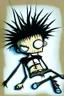 Placeholder: 2d drawing of a stickman, cool with punk hair, x eyes like in hangman, laying flat on stomach,3d realistic in colour