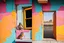 Placeholder: there are two birds sitting on a ledge next to a window, colorful mural on chipped walls, by Saurabh Jethani, photomanipulation, pink and yellow, by Liza Donnelly, diptych, eye catching composition, open window, open door, double exposure, double entendre, dramatic, dynamic, whizz dynamics, liminal vibe, amazing reflections, great contrasts, excellent verticals, perfect parallels, orange tint, socinlars vibe