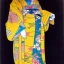 Placeholder: Retrato de cuerpo entero una Geisha con kimono con el estilo de Gustav Klimt