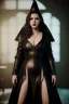 Placeholder: portrait beautiful mature witch in black leather gown in a dungeon, evil, cleavage, sci-fi fantasy style, 8k,dark