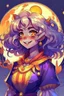 Placeholder: Style: anime manga, A Girl with Brown skin tone, Red eye with a yellow base, Full curly white hair, moon-shaped cheek marks, and a childish smile, Her face is half in profile, Her outfit is: A lunar witch with purple color.