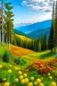 Placeholder: Crea un paisaje de bosque de coníferas, con flores coloridas en estación de verano, protegido de los turistas e inhabitado, donde se puede visualizar a lo lejos un cordón montañoso