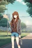 Placeholder: attractive anime woman with brown long hair, modern clothes, full body in frame