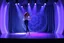 Placeholder: modern stage with gray-blue theme artistic decoration , color full dynamic lighting, a beautiful lady in pants and blouse with sport shoes dancing, 3D recursive fractal structure animating background