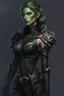 Placeholder: female snake humanoid, green scales, wearing a black leather armor, dungeons and dragons