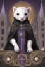 Placeholder: (anthropomorphic white ferret),dressed in ((cleric fantasy)) black clothes with silver holy ornaments, realistic anatomy, holy symbols around, serious face, hold holy cross symbol, tired face, in the style of LOISH, look at the vivewer, cute face, fantasy inspire, fantasy church on background with sunshine, gloomy atmosphere, high angle shot, purple armband, The holy icon style