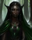 Placeholder: beautiful, mongolian, fae, drow, elf, black hair, ebony skin, pointy ears green eyes, druide, black leather robes, fantastic realism style, high fantasy, forest, mystic, soft light,