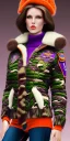 Placeholder: Brunette mature woman. average body type, think thighs and thick calves. Mantle is sewed of recycled Denim and sewed together of camouflage pieces. Printed camouflage figures are orange,terracotta, cream and purple. It is with big bright purple felt tippet and cream-colored-hood. mantle is merged with satchel. . AKG-style headphones (gold rings!) is merged with small felt cap with small visor. Style: Haute Couture in 1936, Paris fashion in 2023, inspired by street art. Cream latex gaiter.