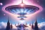Placeholder: a cosmic beautiful DISH SPACESHIP made of crystals and light is flyng INA MAGIC BRIGHT SKY OF A GALAXY. IT IS PASSED BY A VERTICAL SHINE FROM TOP TO BOTTOM
