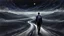 Placeholder: A solitary androgynous figure seen from behind, carrying an big heavy dark backpack, walking alone along a long winding road floating on a vast dark sky. Surreal abstract dreamscape, the road curving into endless darkness, abyss, mist, uncertainty and emotional weight, alone caracter, black gray, Dark blue, charcoal and muted dark purple tones, deep sky, digital art, etheral, atmospheric, dreamlike