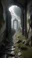 Placeholder: narrow stone path above the ground gradually getting higher into the clouds no railings, dangerous drop people in black leathers medievil period weather is wet spiraling into the clouds fantasy