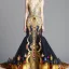 Placeholder: stunning couture gown designed by Marchesa inspired by fairies, realistic epic elegant fantasy color mix of gold and black and red,decorated with precious stones, detailed, high quality, intricate, fantasyland background,