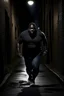 Placeholder: Big fat black man running in a dark alleyway in the distance