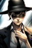 Placeholder: manga, anime, drawing, art, cartoon, perfect body, perfect hands, perfect face, perfect eyes, perfect arms, perfect cowboy hat, mafia woman, female mafia,, short hair pixie cut shaved side, black suit and tie, sunglasses, badass, cool, attractive