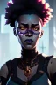 Placeholder: portrait,beautiful black woman, afro hair, post-apocalyptic in a cyberpunk city, realistic, intriacte detail, sci-fi fantasy style, volumetric lighting, particales,highly detailed,cinamatic, deep colours,8k