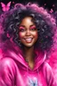 Placeholder: vibrant watercolor painting image, airbrush, 48k, cartoon art image of a black curvy female looking to the side smiling with a large mane of curly ombre hair flowing through the wind while she has a hot pink hoodie on, prominent makeup with hazel eyes, highly detailed hair, background hot pink and BLACK BUTTERFLIES surrounding her, dystopian charcoal