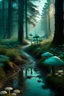 Placeholder: forest trail, teal mushrooms, at dawn by a lake