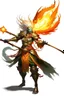 Placeholder: Air genasi from dnd with ashesen skin and asian flowing hair on head holding a Flaming spear in Monk attire with Fire giant symbolism more ash less fire