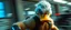 Placeholder: hi speed bad ass cyber punk masculine realistic Donald Duck humanoid with hairy arms and chest, motion blurred background