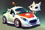 Placeholder: whimsical cartoony sports car, with a small mascot character with a racing helmet on driving it, celshaded comic style, happy atmosphere