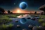 Placeholder: Dark blue sky with one exoplanet in the horizon, rocks, puddle, weeds, sci-fi movies influence, epic