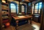 Placeholder: Fantasy medieval study room with desk front view