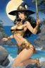 Placeholder: (in the style of Orion, by Masamune Shirow) Circe Odysseus' witch points the camera to say "thank you", she smiles on a rock of her island